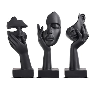 3 Pcs Thinker Small Statue Set - Black Home Accent Art Woman Face Abstract Sculpture for Living Room Shelf Coffee Table Office Knick Knacks Bookshelf Bathroom Counter Decor (3 pcs Black)
