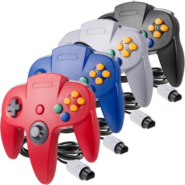 miadore 4 Pack Classic N64 Controller, Wired Classic N64 Gamepad with Upgraded Joystick(Non PC USB Version) (Black/Gray/Red/Blue)