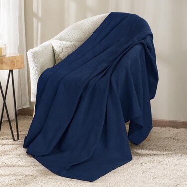 Utopia Bedding Navy 100% Cotton Blanket [Throw Size - 60x50 Inch] 350GSM Lightweight, Soft and Breathable Thermal Blanket for All Seasons