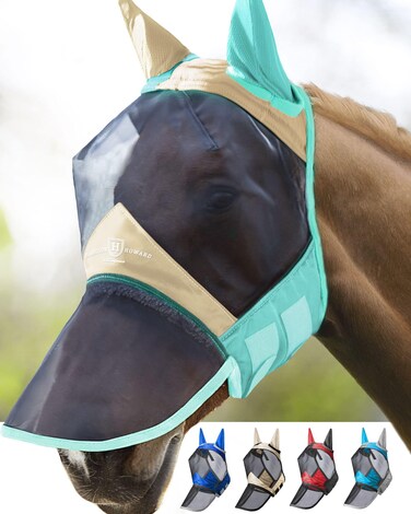 Harrison Howard Pro Luminous Horse Fly Mask Long Nose with Ears UV Protection for Horse Champagne Gold/Mint Large Full Size