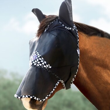 Harrison Howard Horse Fly Mask Long Nose with Ears Fleece Edging with Attractive Patterns Adds More Flair Black Arabian Medium
