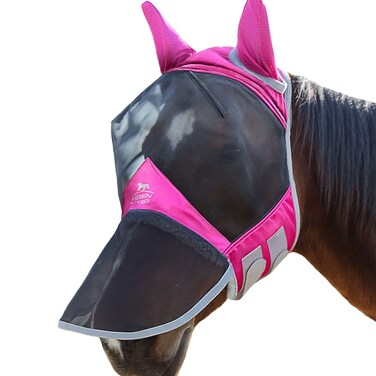 Harrison Howard CareMaster Pro Luminous Horse Fly Mask Large Eye Space Long Nose with Ears UV Protection for Horse Flamingo XL Extra Full
