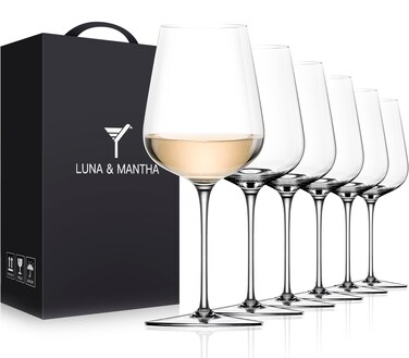 LUNA &amp; MANTHA Wine Glasses Set of 6, Crystal White Wine Glasses with Long Stem, Hand Blown 14oz, Red White Gift Packaging for Daily Use, Wedding Anniversary or Birthday