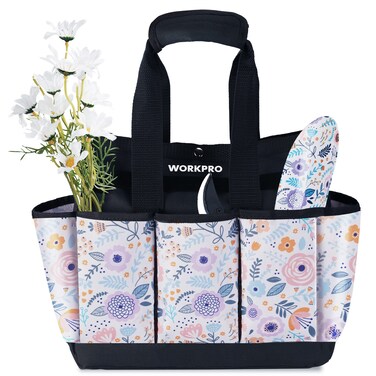 WORKPRO Garden Tool Bag, 9 Pockets Gardening Bag, Heavy Duty Oxford Garden Tote Caddy (Tools NOT Included), 12" x 12" x 6" (Floral White)