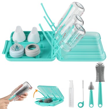 6 in 1 Bottle Brush Set,Bottle Cleaner Brush Kit with Bottle Brush,Drying Rack,Nipple Brush,Straw Brush,Soap Dispenser&amp;Storage Box,Portable Baby Essentials for Home&amp;Travel