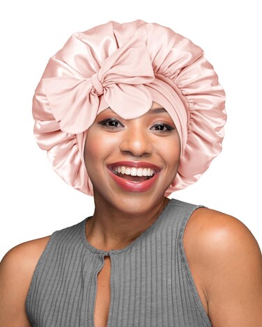BONNET QUEEN Silk Bonnet for Sleeping Double Layer Satin Bonnet Reversible Bonnet with Tie Band Hair Bonnet Sleep Cap for Women Curly Hair,Jade+Pink
