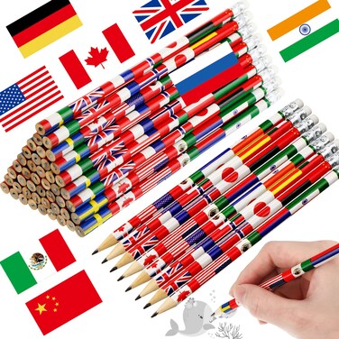 Outus International World Flags Pencils with Erasers - American, France, China, India - Around the World Pencils - Back to School Supplies for Schools - First Day, 4th of July (120 Pcs)