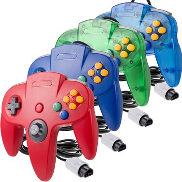 miadore 4 Pack Classic N64 Controller, Wired N64 Controllers with Upgraded Joystick (Non PC USB Version)(Red/Blue/Clear Green/Clear Blue)