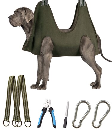 10 in 1 Pet Grooming Hammock Harness with Nail Clippers/Trimmer, Nail File, Comb,Dog Nail Hammock, Dog Grooming Sling for Nail Trimming/Clipping (XXXL/Under 140lb, Khaki Green)