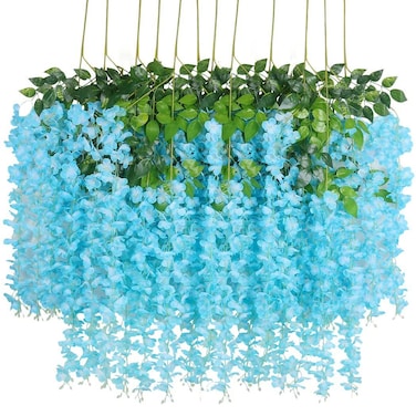 12 Pack Wisteria Flower Vines Garland, 3.75 Ft Artificial Flower Strings, Fake Hanging Flowers, Silk Wisteria Garland Flowers, Flower Vine for Wedding Garden Decor (Blue)