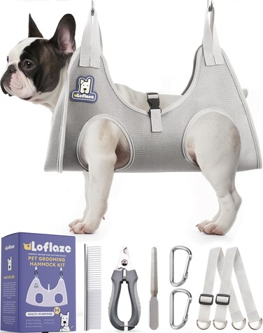 Dog Grooming Hammock Harness for Dogs &amp; Cats with Pet Nail Clipper Trimmer - Cat Hanger Sling for Trimming Clipping Nails- Dog Hammock Restraint Bag for Small Medium Large Dog （ Grey M ）