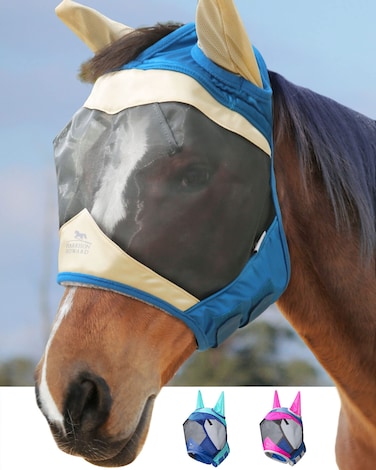 Harrison Howard Luxe Dual-Tone Horse Fly Mask Half Face with Ears Fully Visible UV-Blocking Fine Mesh Soft Fleece Edging for Extra Comfort Champagne Gold/Teal M Cob