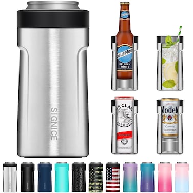 3 In 1 Insulated Universal Can Cooler - Signice Double Walled Vacuum Insulator Stainless Steel Slim Can Cooler for 12 Oz Skinny Tall Standard Regular Can Beer Bottle (Stainless)