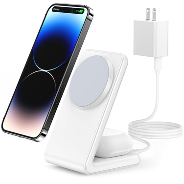 Meifigno 2-in-1 for Magsafe-Compatible Charger Stand with PD 20W USB-C Charger Block &amp; Cable, Fast Charging Wireless Charger Designed for iPhone 16 Pro Max/ 15/14/13/12, AirPods 4/3/Pro 2/Pro, White