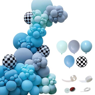 Balloon Combination Decorations 146 PCS Blue Race Car Balloons Garland Arch Kit with Checkered for Racing Car Theme Vroom Racing Birthday Party Supplies