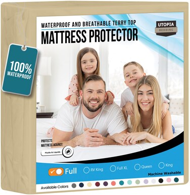 Utopia Bedding Waterproof Mattress Protector Full Size, Premium Terry Mattress Cover 200 GSM, Breathable, Fitted Style with Stretchable Pockets (Beige)