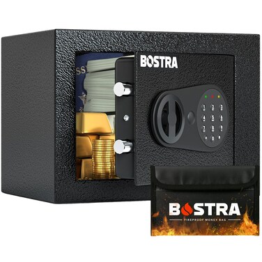 Bostra Fireproof Safe Box with Sensor Light &amp; Fireproof Bag, Money Safe Box with Digital Keypad,Security Safe Box for Home, 0.23 Cubic Small Safe with Keys &amp; Pass Code for Cash Jewelry Black