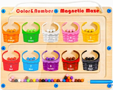 Winique Magnetic Color and Number Maze - Montessori Toys for 3 Years Old Boys Girls Wooden Magnet Board Puzzles, Fine Motor Skills Learning Toys Toddler Activities Counting Matching Games