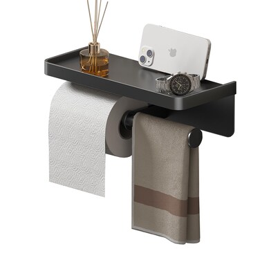 Double Toilet Paper Holder with Shelf, iMonse Paper Towel Holder Wall Mount,Tissue Roll Holder for Bathroom Kitchen RV, Double Tissue Roll Rack with Adhesive &amp; Screw (Matte Black)