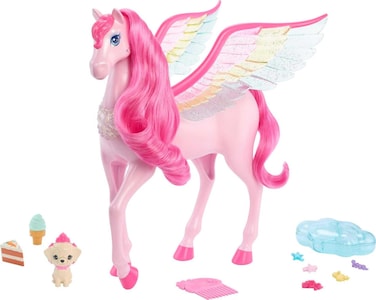 Barbie Doll Toys, Pegasus Pink Winged Horse Toy with 10 Accessories Including Puppy &amp; Barrettes, Inspired A Touch of Magic