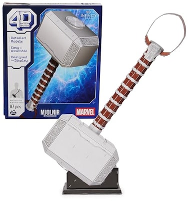 4D Build, Marvel Mjolnir Thor Hammer 3D Puzzle Model Kit with Stand 87 Pcs   Thor Desk Decor   Building Toys   3D Puzzles for Adults &amp; Teens 12+