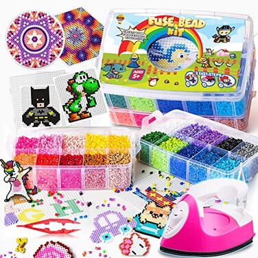 Goody King Board Fuse Beads Iron Set - Fuse Beads Set for Kids Crafts with Bead Pegboard and Aqua Pony Beads, Pixel Art and Craft Bead Kit (Large Set with Iron)