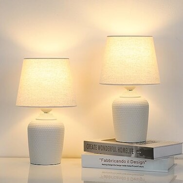 Small Table Lamps Set of 2, Bedside Nightstand Lamps for Bedroom Kid&rsquo;s Room, Cute Desk Lamps with Studded Texture Base for Reading Nursery Living Room Office, White &amp; Beige