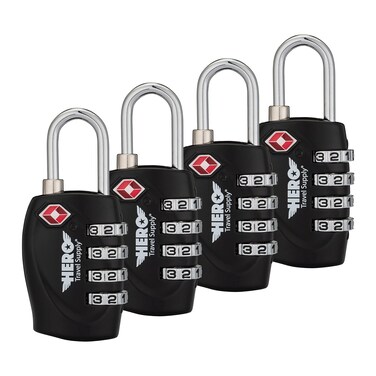 Hero Travel Supply Luggage Lock (Pack of 4) TSA Approved, Four-Digit Combination Padlock for Travel, Suitcases, Lockers, Backpacks