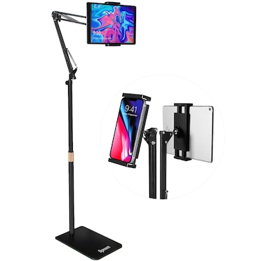 Tablet Floor Stand, Overhead Bed Phone Mount, Height Adjustable Universal Metal Tablet Holder, Phone Stand Compatible with iPad/iPhoneX/iPad Pro Phone, Kindle, 4.5-12.9" (Dark Black)
