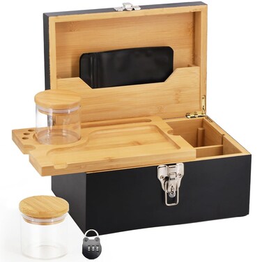 Large Bamboo Box with Combination Lock - Decorative Locking Box with Detachable Compartment, Removable Tray, Jars, Resealable Bags - Great Holidays Gifts