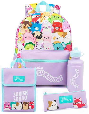 Squishmallows Girls 4 Piece Backpack Set   Kids Purple Rucksack Bundle with School Bag, Pencil Case, Lunch Bag &amp; Water Bottle
