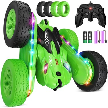 Remote Control Car,RC Cars with sides light strip and Headlights,Double Sided 360 Flips Rotating RC Stunt Car,2.4Ghz All Terrain Toys for Ages 4-6 Kids Toy for Boys Girls Birthday Gift(Green)
