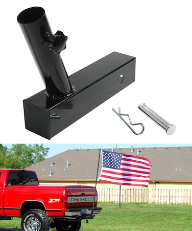 ESEWALAS Hitch Flag Pole Holder,Universal Flagpole Truck Flag Pole Mount with Anti-Wobble Screw &amp; Hitch Pin,Angled Flag Pole Holder for 2 inch Hitch Receivers,Flagpole Hitch Mount