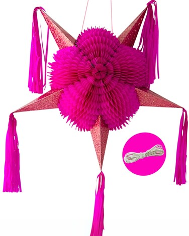 Mexican Star Pinata, Barbie Pink Pi&ntilde;ata with Rose Gold Cones and 30 ft Rope - Extra Large Pinata for Quincea&ntilde;era, Baby/Bridal Shower, Cinco de Mayo, Barbie Party Decoration (TexMex Fun Stuff)