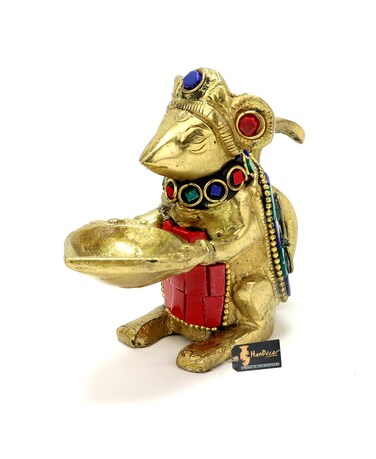 Gemstone Work Brass Ganesha Mouse Holding Oil Lamp Diya, Standard, Pack of 1