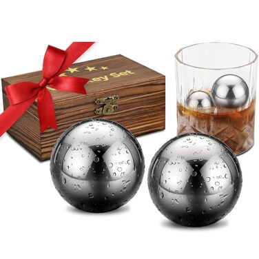 EooCoo Whiskey Stones Gift Set with 2 Pcs Stones and Box, Ideal Gifts for Him, Reusable Ice Ball for Drinking, Gifts for Men Whiskey Lovers, Bourbon, Cognac, Scotch, Gin, Wine Beverage