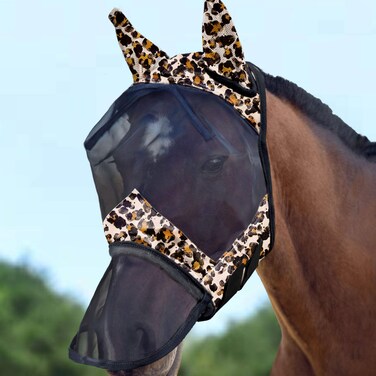 Harrison Howard LumiVista Horse Fly Mask Long Nose with Ears UV Protection for Horse Leopard Print XL Extra Full