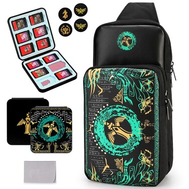 Owngen Travel Bag for Nintendo Switch/Lite/OLED, for Zelda Tears of the Kingdom Portable Sling Shoulder Crossbody Carrying Storage Accessories Backpack with Cute Game Card Case, 4 Thumb Grip Caps
