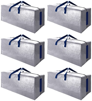 SWEET DOLPHIN 6 Pack Extra Large Moving Bags with Strong Zippers &amp; Carrying Handles, Heavy Duty Storage Tote for Space Saving Moving Storage, Fold Flat, Alternative to Moving Box (Silver)