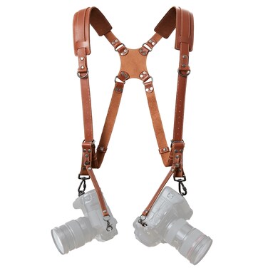 Padwa Lifestyle Tan Dual Camera Harness Strap for Two-Cameras - Dual Shoulder Full Grain Leather Harness,Multi Double Camera Gear for DSLR/SLR Strap,Double Camera Harness for Photographers