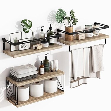 Fixwal 3+1 Bathroom Shelves Over Toilet, Floating Shelves Wall Mounted with Metal Frame and Towel Bar for Bathroom, Kitchen, Bedroom, Living Room (Rustic Brown)