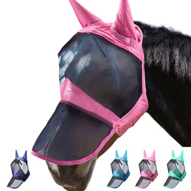 Harrison Howard CareMaster Pro Luminous Horse Fly Mask Large Eye Space Long Nose with Ears UV Protection for Horse Light Pink S Pony
