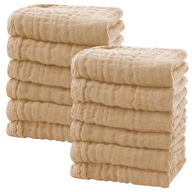 SWEET DOLPHIN 12 Pack Baby Muslin Washcloths - Soft Face Cloths for Newborn, Absorbent Bath Wash Cloths, Wipes, Burp Rag - Toddlers Essentials Stuff, Baby Registry as Shower -10"x10", Brown