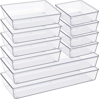 Criusia Drawer Organizer, 10 Pack Large Clear Plastic Kitchen Drawer Organizers Set, 3 Size Versatile Bathroom and Vanity Organizer Trays, Storage Bins for Makeup, Bedroom, Kitchen Utensils