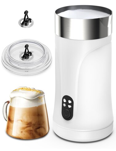 Milk Frother, KLEAH 4-in-1 Electric Milk Frother and Steamer, Non-Slip Design, Hot &amp; Cold Milk Steamer, Auto Shut-Off Frother for Latte, Coffee, Cappuccino, Macchiato, Easy Cleaning, White