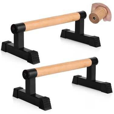 Airogym Wooden Parallettes, Wood Push Up Handles Pushup Bars, Heavy-Duty Sturdy Metal Non-Slip Base Exercise Home Workout Equipment, Parallettes Bars Grip for Strength Training, Planks Calisthenics