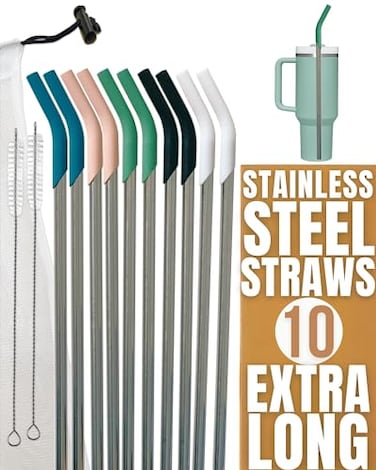 purifyou Stainless Steel Straws with Silicone Tips, 14.5in Extra Long &amp; Wide Reusable Metal Straws for Stanley and 40oz Tumblers, Portable Case, Cleaning Brush, Durable Drinking Straws (Set of 10)