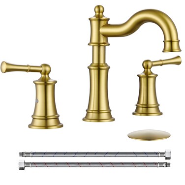 Roman Bathroom Sink Faucet 3 Holes Brushed Gold 2 Handle Widespread 8 inch Deck Mount Installation with Overflow Pop Up Drain Assembly and Water Supply Lines