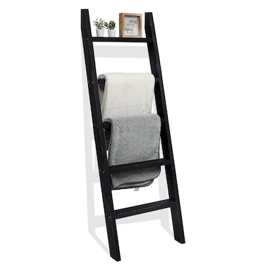 FUIN 5ft (58") Wood Blanket Ladder Living Room Decorative Wall Leaning Farmhouse Quilt Display Holder Shelf Rustic Wooden Towel Rack for Bathroom, Black