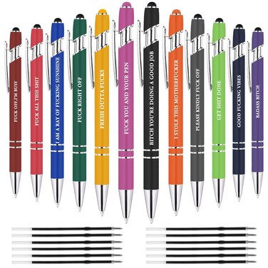 AUAUY 12 PCS Funny Pens, Fun Ballpoint Pen Set With 12 Replacement Refills, 2 in 1 Metal Stylus Pens Stylish Pen, Funny Work Pens for Adults, Funny Office Gifts, Black Ink 1 mm